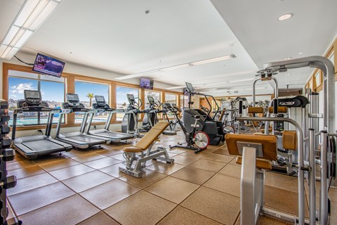 A well-equipped gym with treadmills, exercise bikes, and other fitness machines.