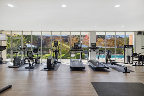 A gym with treadmills, elliptical machines, and other exercise equipment.