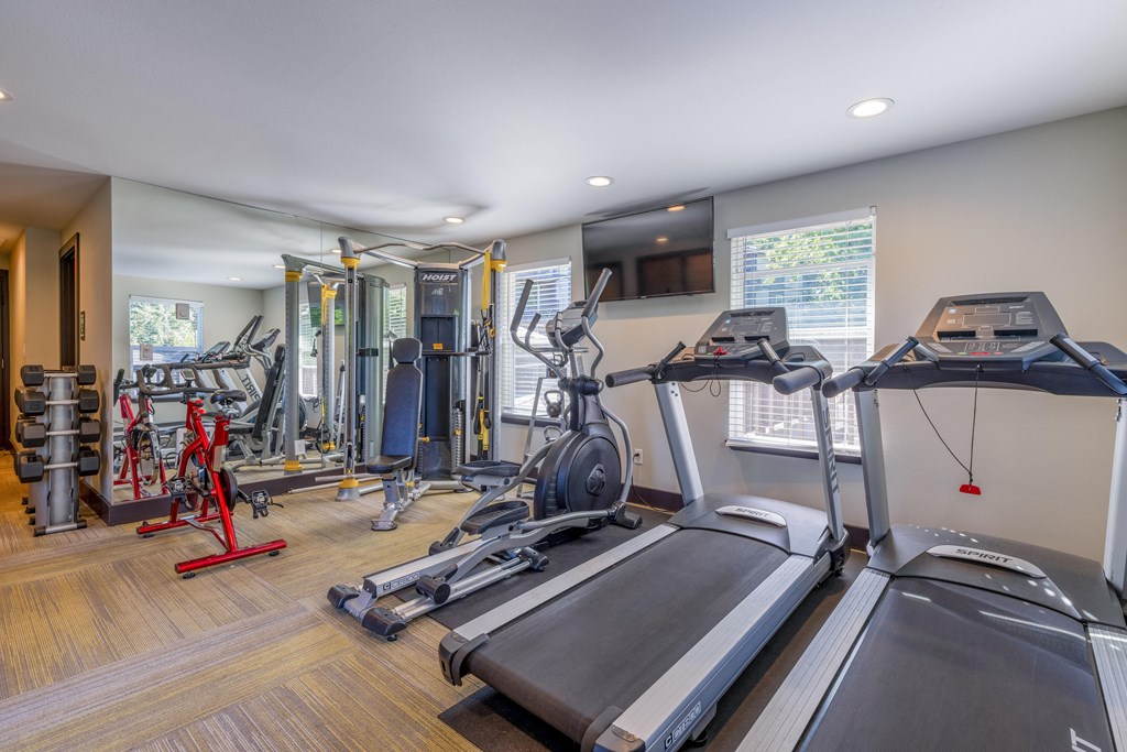 two treadmills and other exercise equipment in the gym of a home