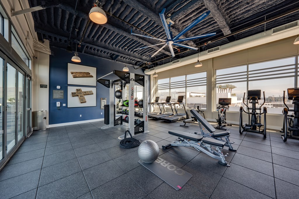 a workout room with weights and other equipment in a building with large windows