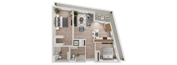 a 3d rendering of a floor plan with a bedroom and a living room