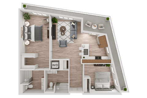 a 3d rendering of a floor plan with a bedroom and a living room