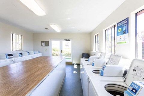 a laundry room with washing machines and sinks