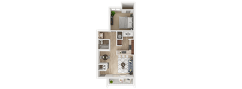 A floor plan of a small apartment with a kitchen, living room, and bathroom.