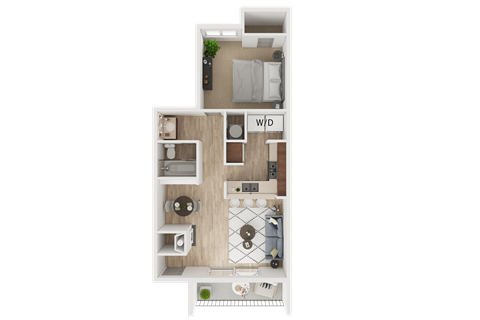 A floor plan of a small apartment with a kitchen, living room, and bathroom.