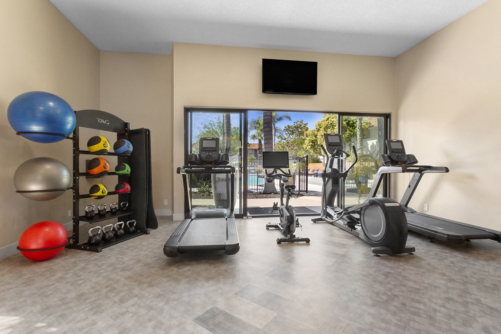 a home gym with cardio equipment and a large window with a view of the pool