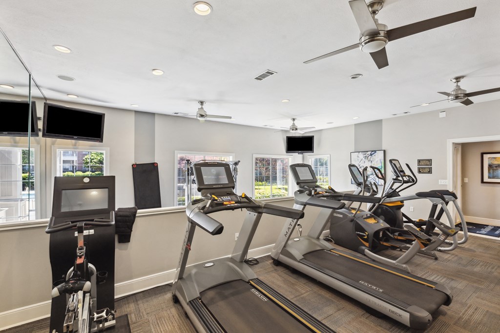 the gym has plenty of cardio equipment and flat screen televisions