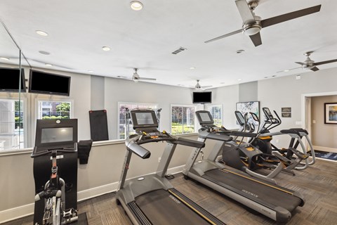 the gym has plenty of cardio equipment and flat screen televisions