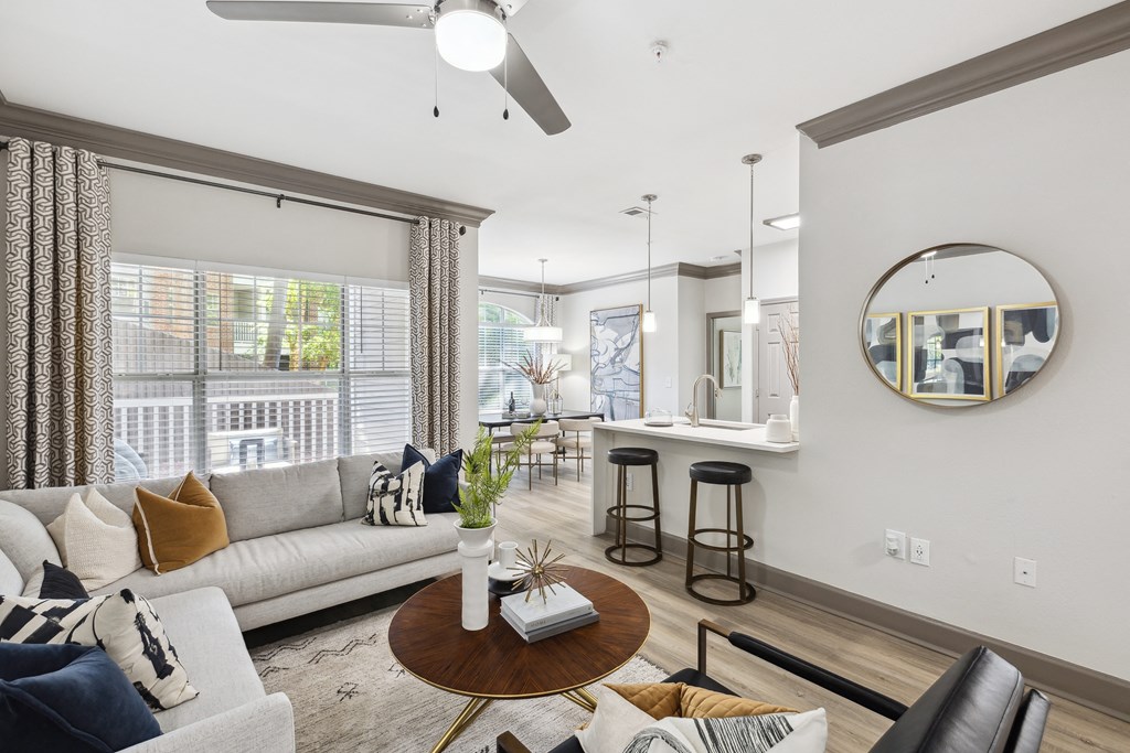 a living room with a couch and a table