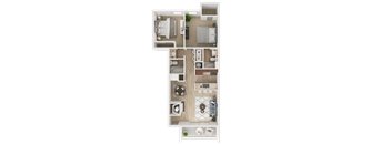 A floor plan of a room with a kitchen, living room, and bathroom.