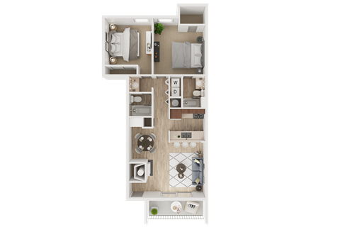 A floor plan of a room with a kitchen, living room, and bathroom.