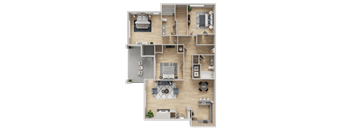A detailed 3D floor plan of a house layout.