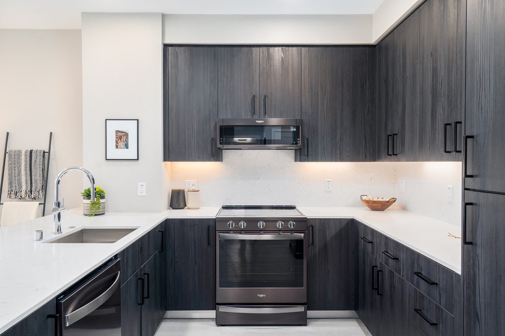 a kitchen with black cabinets and a stove and a sink