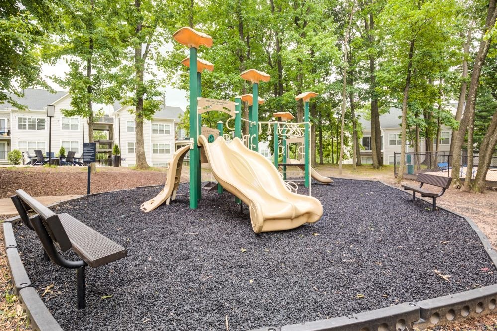 A playground with a slide and two benches.
