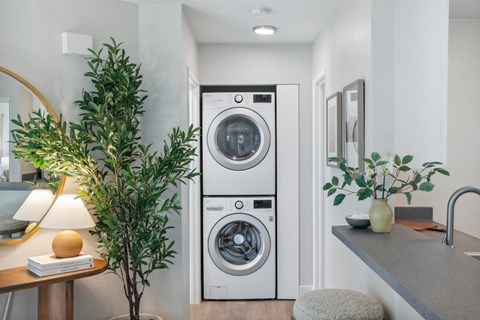 a front loading washer and dryer in a laundry room