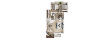 A floor plan of a house with a living room, dining room, kitchen, and two bedrooms.