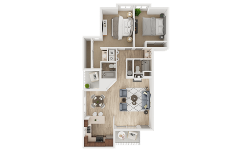 A floor plan of a house with a living room, dining room, kitchen, and two bedrooms.