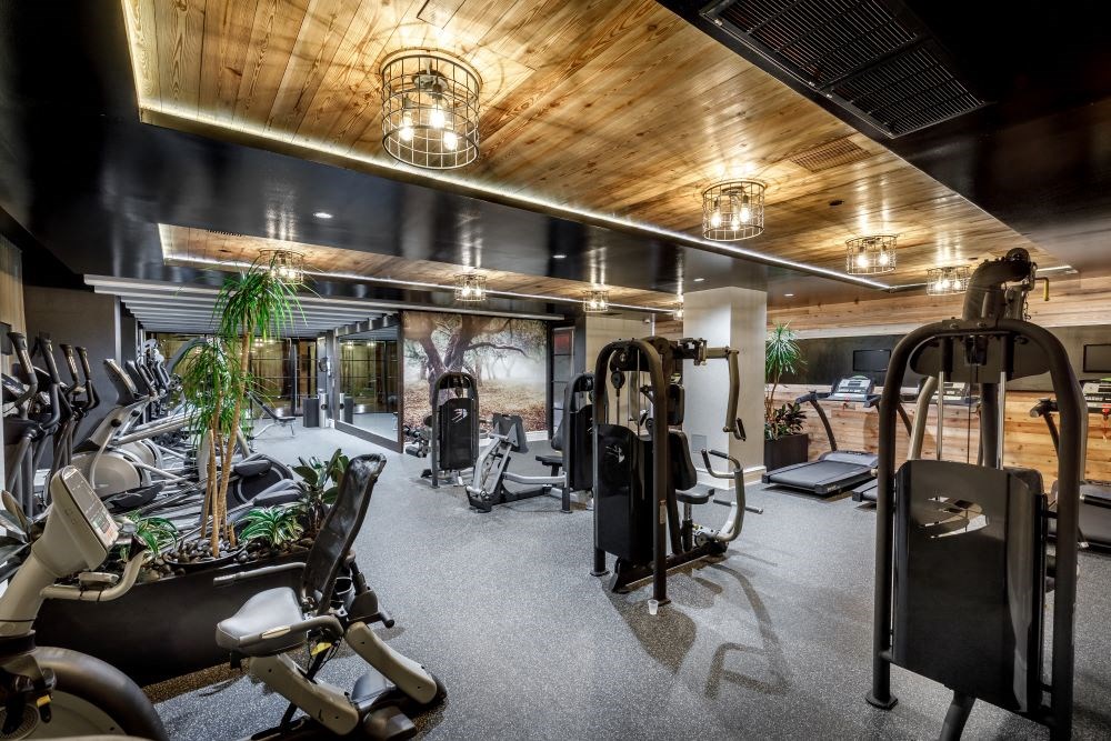 A gym with a variety of equipment including treadmills, weights, and exercise machines.