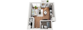 A small, modern apartment with a kitchen, living room, and bathroom.