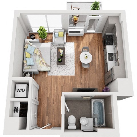 A small, modern apartment with a kitchen, living room, and bathroom.