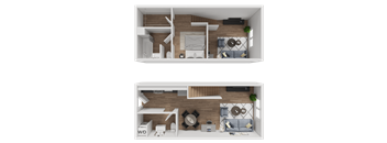 A top-down view of a small apartment with a living room and a bedroom.