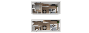 A top-down view of a living room and kitchen area.