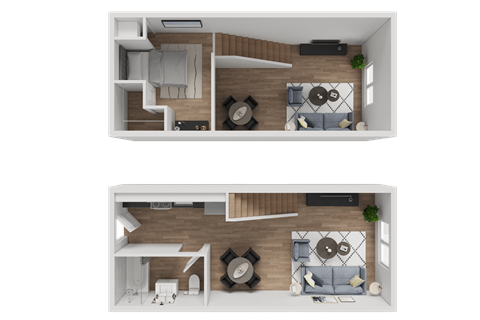 A top-down view of a living room and kitchen area.