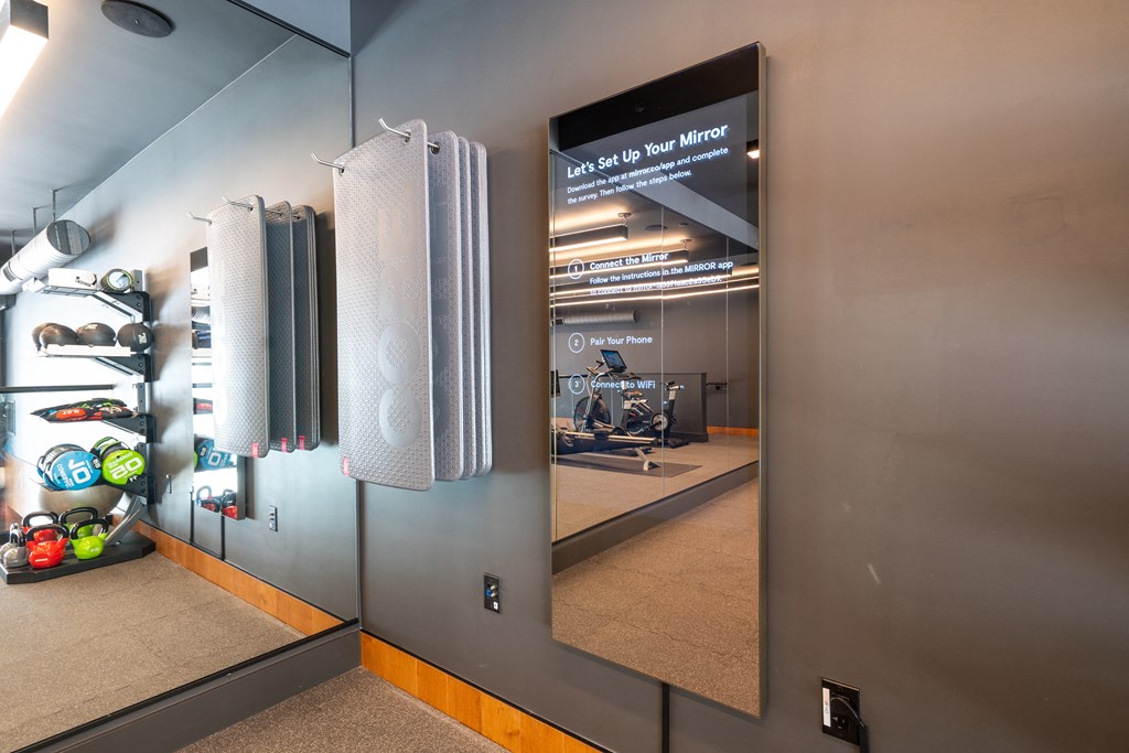 a stainless steel refrigerator and a mirror in a room with a glass door