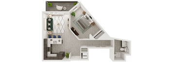 a stylized floor plan of a bedroom with a bathroom and a living room