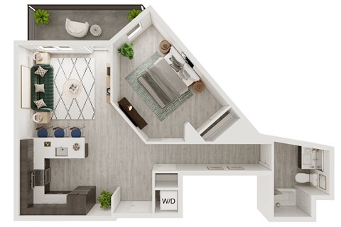 a stylized floor plan of a bedroom with a bathroom and a living room