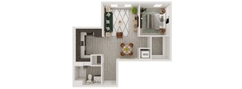 a stylized floor plan with a teddy bear in the living room