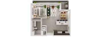 a 1 bedroom floor plan with a bathroom and a balcony