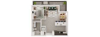 a stylized floor plan with a bedroom and a living room