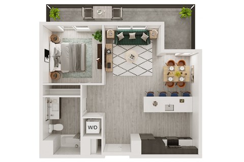 a stylized floor plan with a bedroom and a living room