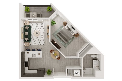 a stylized floor plan of a 1 bedroom apartment