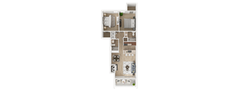 A floor plan of a small apartment with a kitchen, living room, and bathroom.