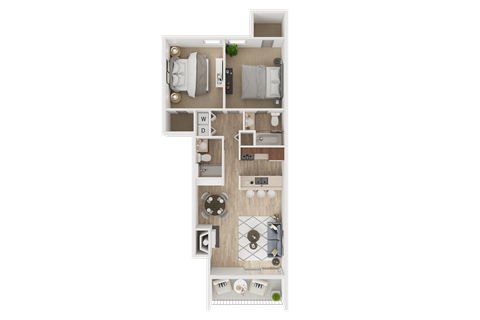 A floor plan of a small apartment with a kitchen, living room, and bathroom.