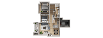 A 3D floor plan of a house layout with labeled rooms.