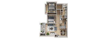 A 3D floor plan of a house layout.