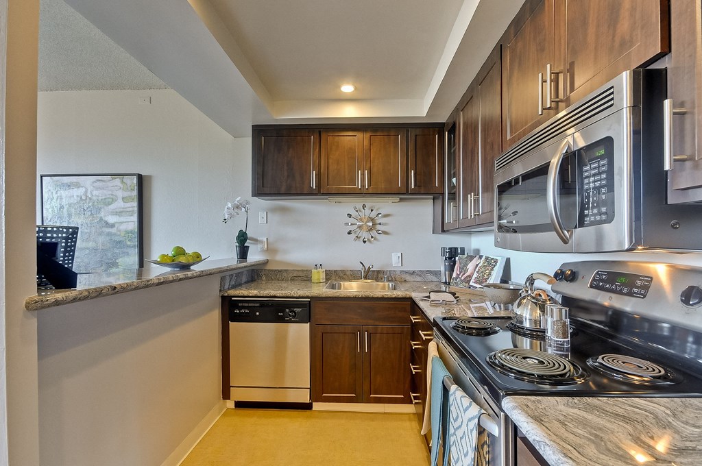 a kitchen with stainless steel appliances and wooden cabinets