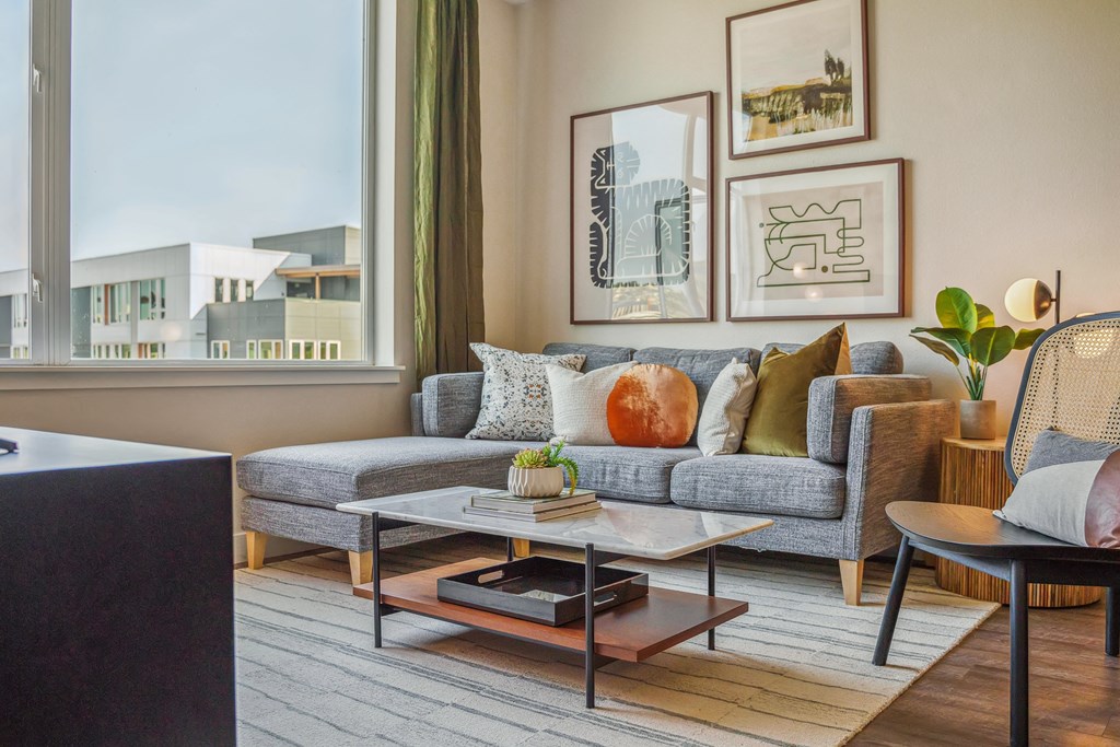 a living room with a couch and a coffee table