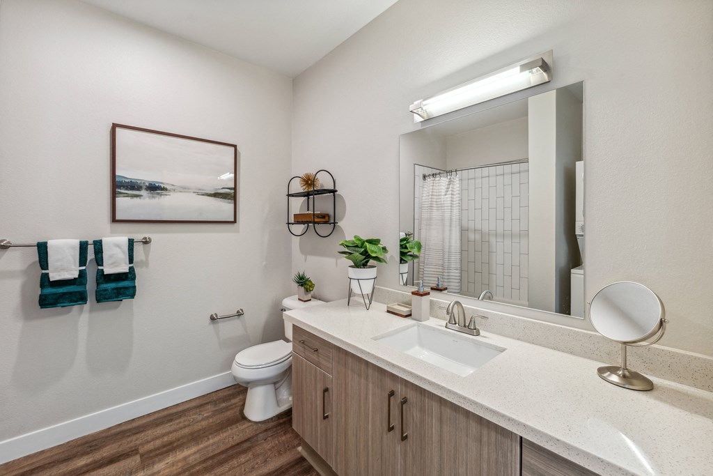 a bathroom with a large mirror and a toilet and a sink