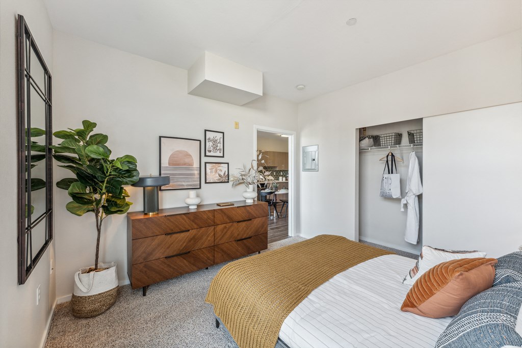a bedroom with a bed and a dresser and a closet