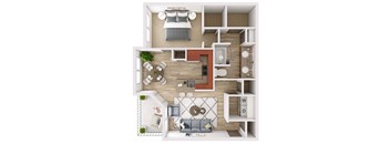 a stylized floor plan with a bedroom and living room