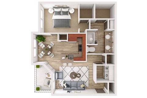 a stylized floor plan with a bedroom and living room
