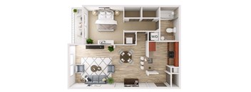 a 3d rendering of a bedroom with a living room and a dining room