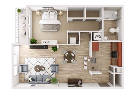 a 3d rendering of a bedroom with a living room and a dining room