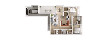 a stylized floor plan with a bedroom and a living room