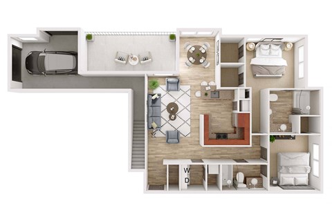 a stylized floor plan with a bedroom and a living room