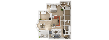 A top-down view of a small apartment layout with a living room, kitchen, and bedrooms.
